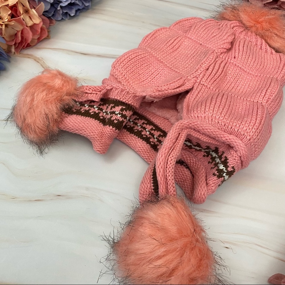 Chic Pink Fleece Lined Beanie with Fur Pom Poms & Fingerless Gloves - Picture 12 of 16
